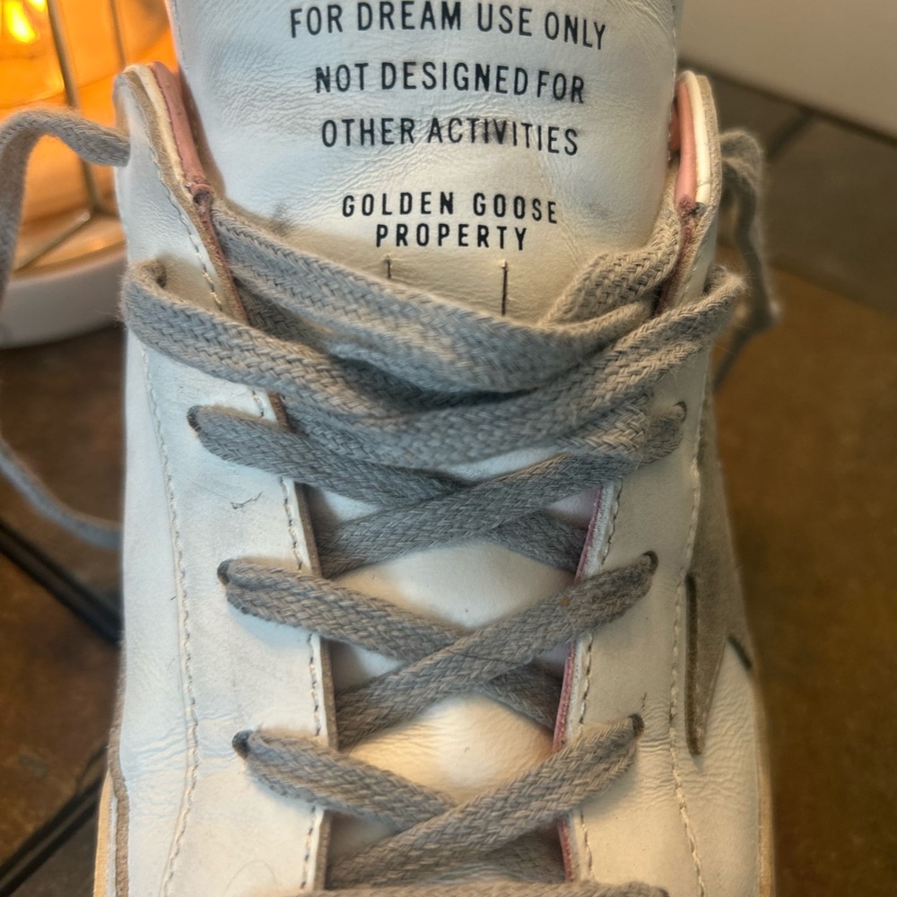 Golden Goose White Leather Sneaker with Gray Laces and Pink Trim